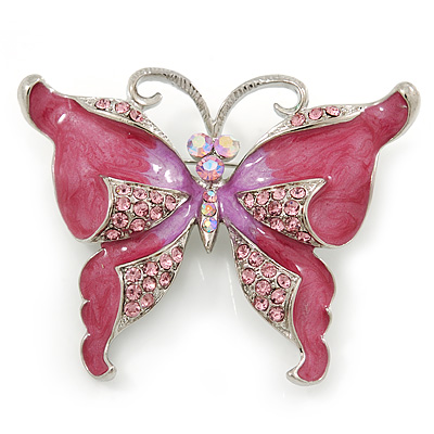 Pink Enamel Crystal Butterfly Brooch In Rhodium Plating - 50mm W