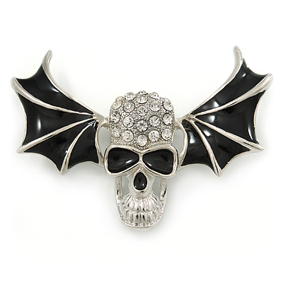 Black Enamel, Clear Crystal Skull with Bat Wings Brooch In Silver Tone - 65mm Across