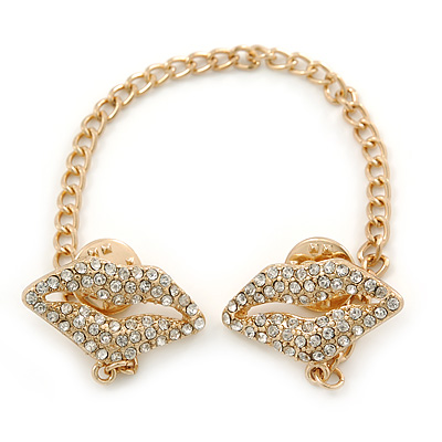 Clear Crystal Lips Collar Chain Pin Brooch In Gold Plated Metal