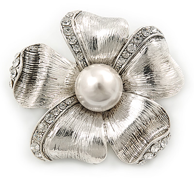 Vintage Inspired Textured, Crystal, Pearl Flower Brooch In Silver Tone - 45mm Diameter - main view