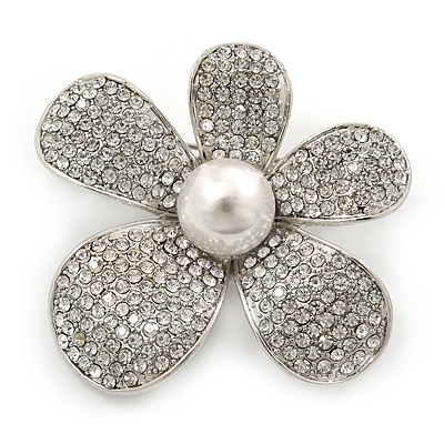 Clear Austrian Crystal, Pearl Asymmetrical Flower Brooch In Rhodium Plating - 50mm Across