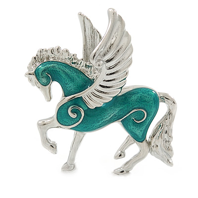 Small Green Enamel Pegasus the Winged Horse Brooch In Rhodium Plating - 35mm Across - main view