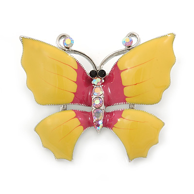 Yellow/ Pink Enamel, Crystal Butterfly Brooch In Silver Tone - 40mm Across