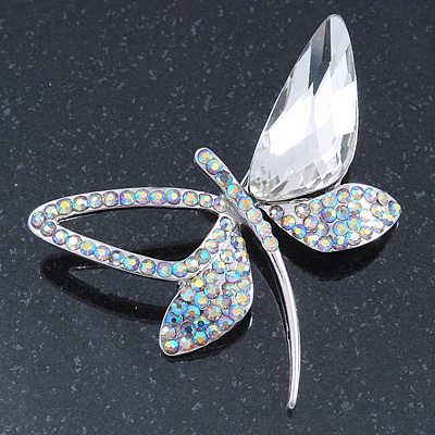 AB/ Clear Crystal Butterfly Brooch In Silver Tone - 60mm Across