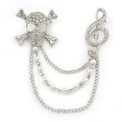 Clear Crystal Treble Clef and Skull & Crossbones, Pearl Beaded Chain Brooch In Rhodium Plating