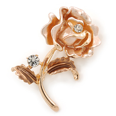 Romantic Magnolia/ Bronze Crystal Rose Flower Brooch In Gold Plating - 52mm L - main view