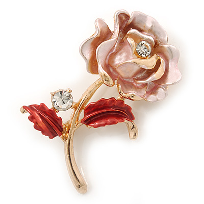 Romantic Pink/ Coral Crystal Rose Flower Brooch In Gold Plating - 52mm L