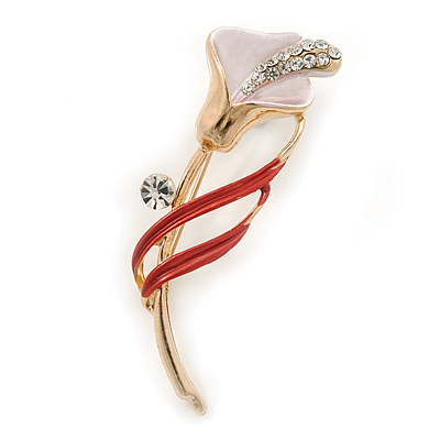 Delicate Pink/ Coral Crystal Calla Lily Brooch In Gold Plating - 55mm L