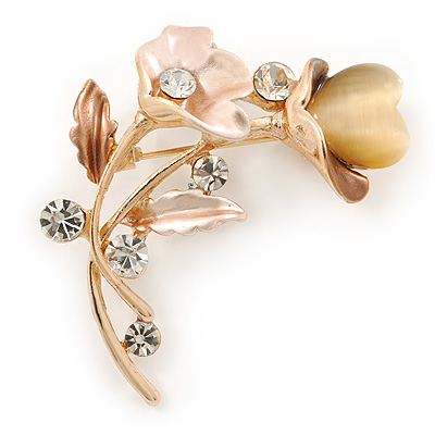 Magnolia/ Natural Crystal Calla Lily With Cat's Eye Stone Floral Brooch In Gold Tone - 48mm L