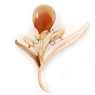 Magnolia/ Bronze Enamel Cat's Eye Stone Flower Brooch In Gold Tone - 50mm L