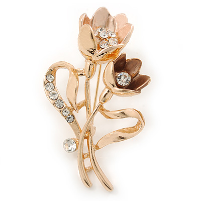 Magnolia/ Bronze Crystal Tulip Brooch In Gold Tone - 55mm L - main view