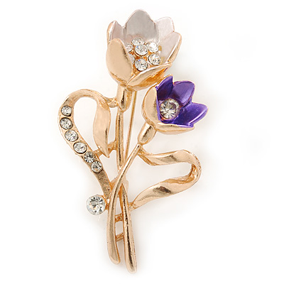 Purple/ Pink Crystal Tulip Brooch In Gold Tone - 55mm L - main view