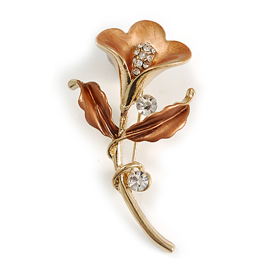 Bronze/ Magnolia Enamel, Crystal Calla Lily Brooch In Gold Plating - 53mm L