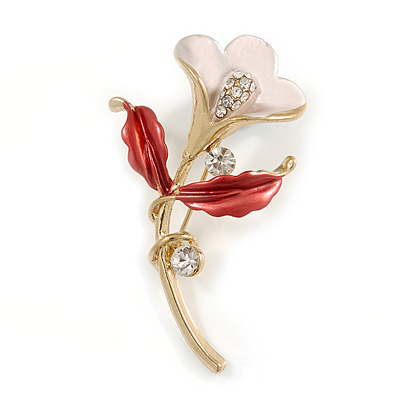 Pink/ Coral Enamel, Crystal Calla Lily Brooch In Gold Plating - 53mm L