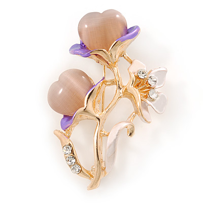 Purple Enamel, Crystal With Pink Glass Stones Floral Brooch In Gold Plating - 45mm L