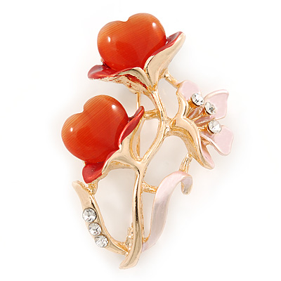 Pink Enamel, Crystal With Coral Glass Stones Floral Brooch In Gold Plating - 45mm L - main view
