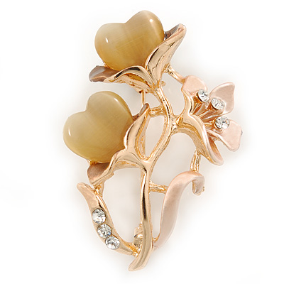 Magnolia Enamel, Crystal With Nude Glass Stones Floral Brooch In Gold Plating - 45mm L