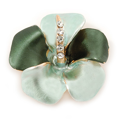 Mint Green/ Dark Green Enamel, Crystal Flower Brooch In Gold Plating - 30mm Across