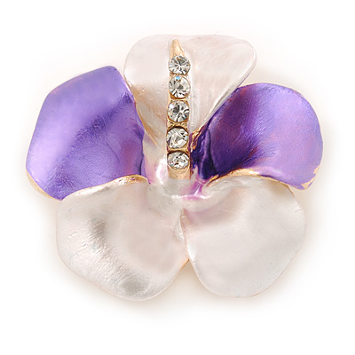 Purple/ Cream Enamel, Crystal Flower Brooch In Gold Plating - 30mm Across