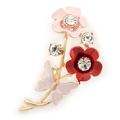 Coral/ Pink Enamel, Crystal Flowers and Butterfly Brooch In Gold Tone - 50mm L
