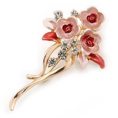 Pink/ Coral Enamel, Crystal Triple Flower Brooch In Gold Tone - 55mm L