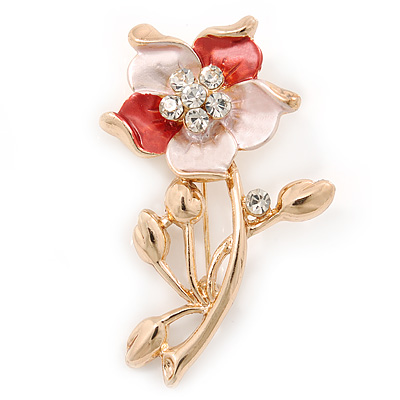 Coral/ Magnolia Enamel, Crystal Daisy Brooch In Gold Plating - 50mm L - main view