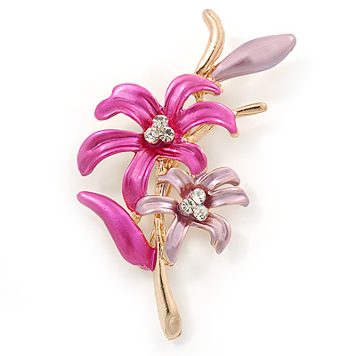 Fuchsia/ Pink Enamel, Crystal Double Flower Brooch In Gold Plating - 62mm L