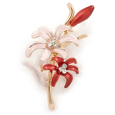 Pink/ Coral Enamel, Crystal Double Flower Brooch In Gold Plating - 62mm L