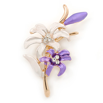 Purple/ Pink Enamel, Crystal Double Flower Brooch In Gold Plating - 62mm L