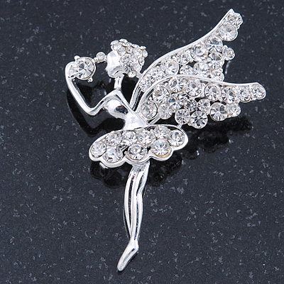 Clear Crystal Fairy Brooch In Silver Tone - 55mm L