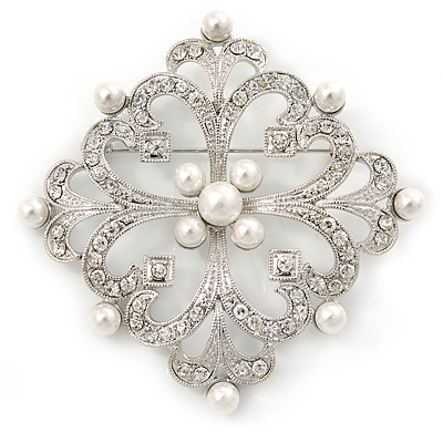 'Old Hollywood' White Simulated Pearl, Clear Crystal Square Brooch In Rhodium Plating - 63mm Across