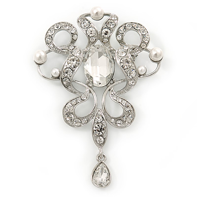 Bridal/ Wedding/ Prom Austrian Crystal, Imitation Pearl Charm Brooch In Rhodium Plating - 75mm L