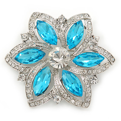 Cyan Blue/ Clear Glass Crystal Flower Brooch In Rhodium Plating - 53mm Across - main view
