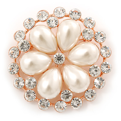 Bridal, Wedding, Prom Crystal, Pearl Flower Brooch In Rose Gold - 55mm Diameter