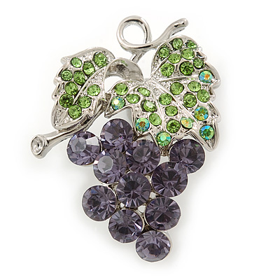 Lavender, Green Crystal Bunch Of Grapes Brooch In Rhodium Plating - 45mm L