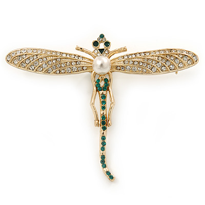 Clear, Green Austrian Crystal, Pearl Dragonfly Brooch In Gold Plating - 70mm Across