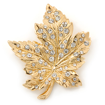 Gold Tone Clear Crystal Maple Leaf Brooch - 50mm L - main view