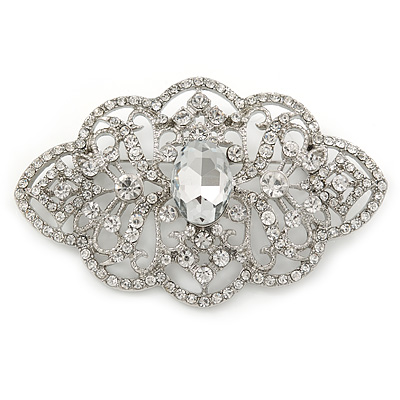 Bridal/ Wedding/ Prom Art Deco Clear Austrian Brooch In Rhodium Plating - 63mm L