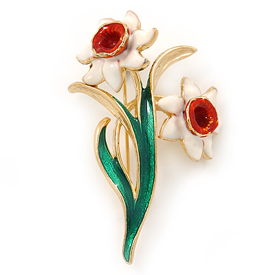 White/ Green/ Orange Daffodil Floral Brooch In Gold Plating - 55mm L - main view