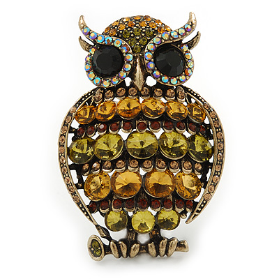 Large Vintage Inspired Crystal Owl Brooch/ Pendant In Bronze Tone (Olive, Citrine) - 63mm L