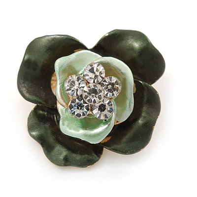 Dark Green/ Mint Green Enamel, Crystal Rose Pin Brooch In Gold Tone - 25mm - main view