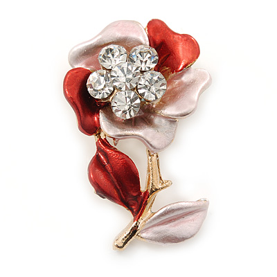 Pink/ Coral Enamel, Crystal Flower Brooch In Gold Tone - 30mm - main view