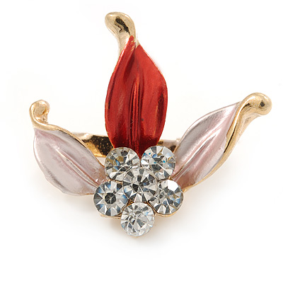 Small Pink/ Coral Enamel, Crystal Leaf Pin Brooch In Gold Tone - 25mm