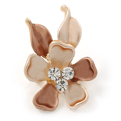 Small Bronze/ Magnolia Enamel, Crystal Flower Brooch In Gold Tone - 30mm