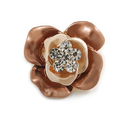 Magnolia/ Bronze Enamel, Crystal Rose Pin Brooch In Gold Tone - 25mm