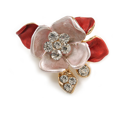 Small Coral/ Pink Crystal Flower Brooch In Gold Tone - 25mm - main view