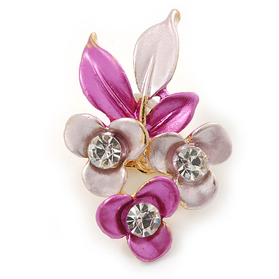 Pink/ Fuchsia Triple Flower Crystal Floral Brooch In Gold Tone Metal - 30mm L