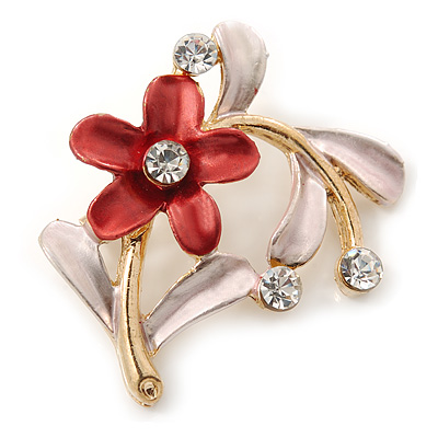 Coral/ Pink Daisy Crystal Floral Brooch - 35mm L