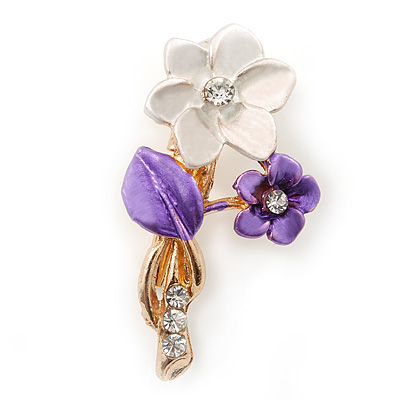 Purple Two Daisy Crystal Floral Brooch - 30mm L