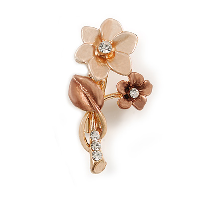 Magnolia/ Bronze Two Daisy Crystal Floral Brooch - 30mm L